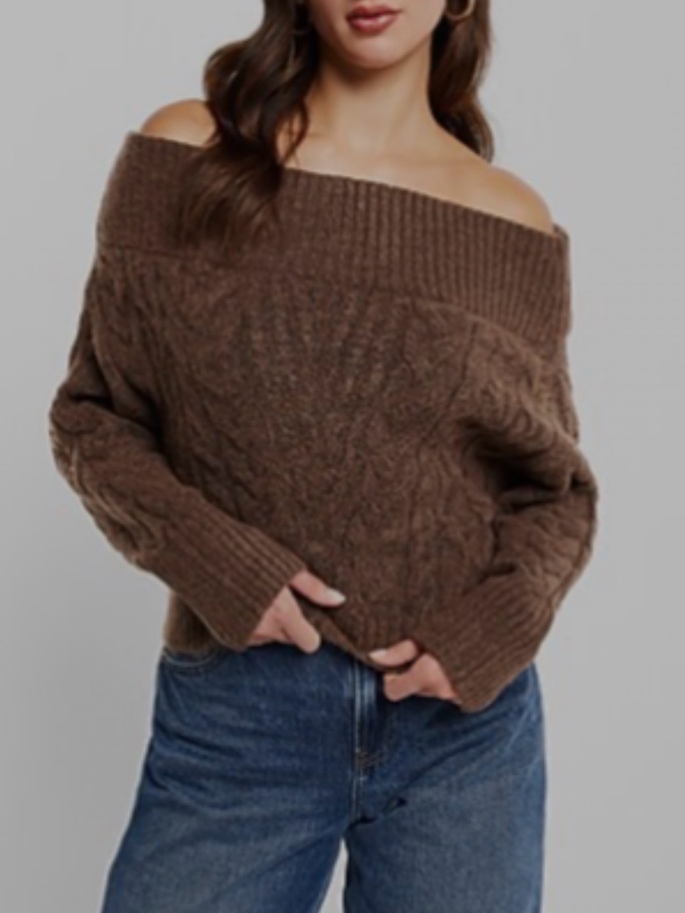 Express Off-the-Shoulder Cable Knit Sweater in Brown So Soft + Comfortable XS